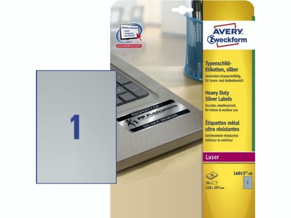 Avery Heavy Duty Laser Labels - Polyester - sølv - A4 (210 x 297 mm) 20 stk (20 ark x 1) merkelapper