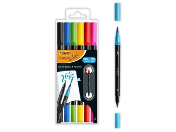 BIC Intensity Dual Tip, 6 farger, Svart, Blå, Grønn, Lilla, Rød, Gult, Kulespiss og penselpenn, 0,7 mm, Vann-basert blekk, 6 stykker