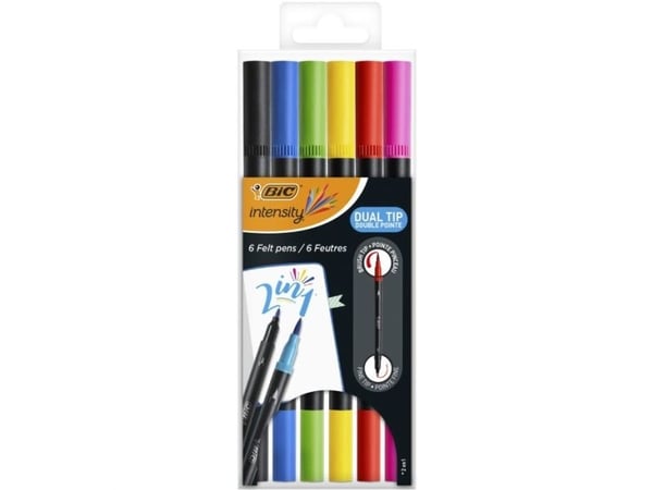 BIC Intensity Dual Tip, 6 farger, Svart, Blå, Grønn, Lilla, Rød, Gult, Kulespiss og penselpenn, 0,7 mm, Vann-basert blekk, 6 stykker