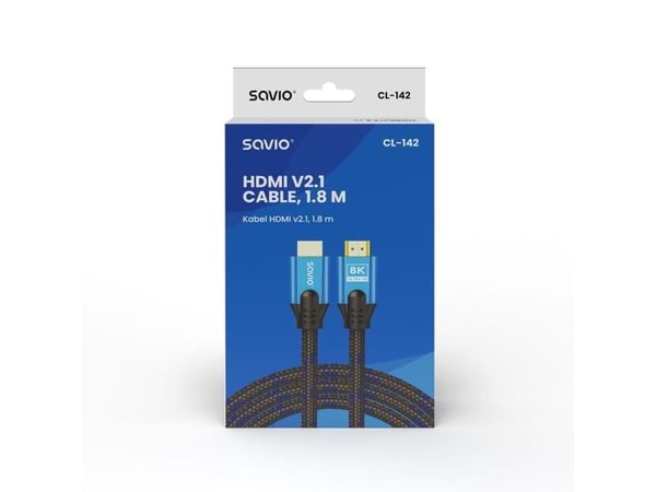 HDMI (M) v2.1-kabel, 1,8 m, 8K, kobber, blå-svart, gullspisser, ethernet/3D, CL-142