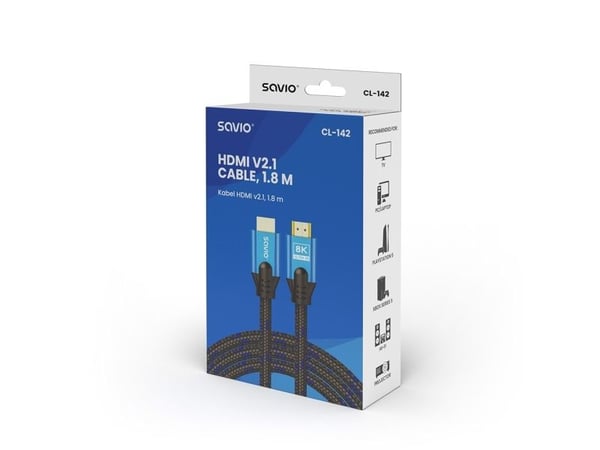 HDMI (M) v2.1-kabel, 1,8 m, 8K, kobber, blå-svart, gullspisser, ethernet/3D, CL-142