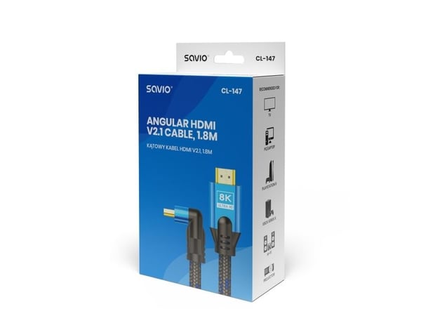 SAVIO CL-147 - High Speed - HDMI-kabel med Ethernet - HDMI hann vinklet til HDMI hann - 1.8 m - skjermet - svart - 8K-støtte