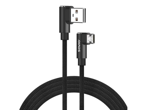 SAVIO - USB-kabel - USB (hann) 90°-vinklet, reversibel til Micro-USB type B (hann) 90°-vinklet, reversibel - USB 2.0 - 2.4 A - 1 m - svart