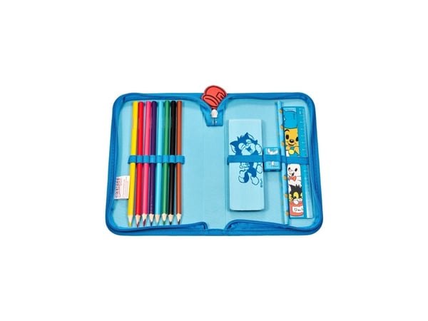 Bamse  Filled single decker pencil case, 300D nylon, 20 x 12.8 x 3 cm with 8 triangular col. pencils, 1 triangular pencil, sharpener, 15 cm ruler, ...