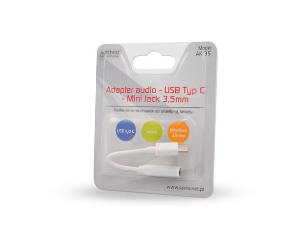 Savio AK-35 mobile phone cable White 0.12 m USB C 3.5mm, Hvit, USB C, 3.5mm, 0,12 m, Hankjønn, Hunkjønn