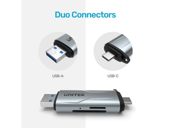 Unitek - Kortleser - 2-i-1 (microSD, microSDHC, microSDXC, SDHC, SD, RS-MMC, SDXC) - USB 3.0/USB-C