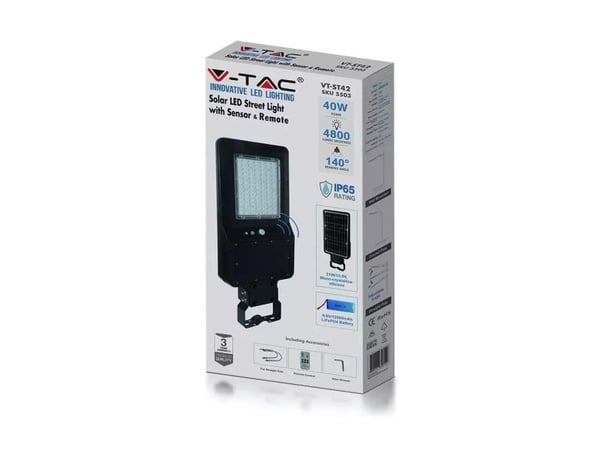 40W ute-gatelykt V-TAC med bevegelsessensor 6000K IP65 med solcelle svart
