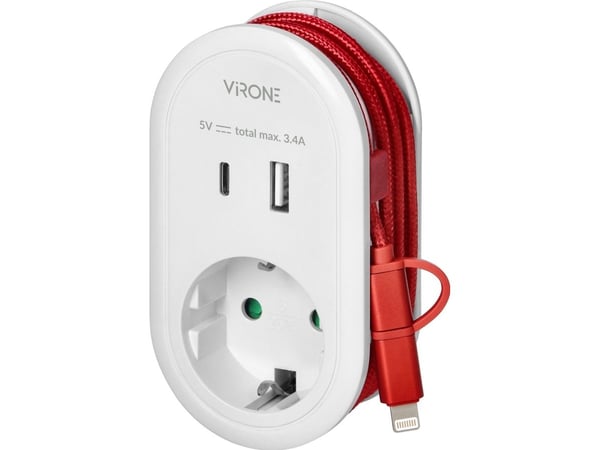 Orno USB-sovitin USB-laturilla ja latauskaapelilla (tyyppi C + Lightning), 1x2P+Z Schuko, 2xUSB (tyyppi A+C), max 3.4A