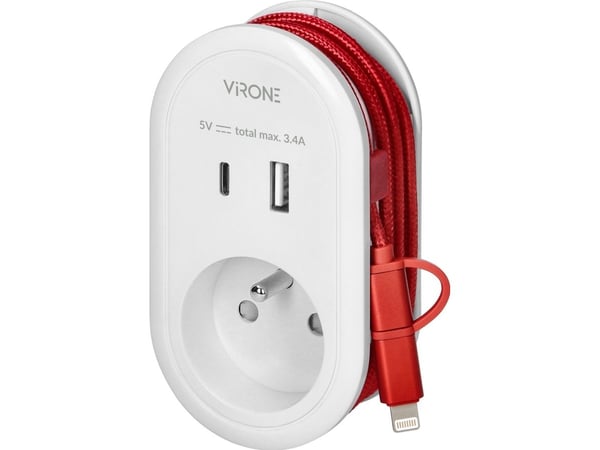 Orno USB-sovitin USB-laturilla ja latauskaapelilla (C-tyyppi + Lightning), 1x2P+Z, 2xUSB (A+C-tyyppi), max 3,4A