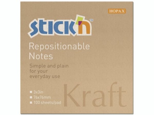 Notes, BNT Stick´n, Kraft pad, brun, 76 x76mm - (12 stk.)
