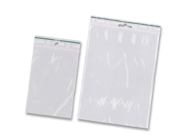 Lynlåspose, Grippie, 50 µm, 60 x 80 mm genanvendt LDPE, Transparent, Uden tryk lynlåslukning, pakke