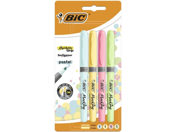 BIC Highlighter Grip Pastel, 4 stykker, Blå, Grønn, Rosa, Gult, 3 år, Meisel tupp, Flerfarget, 1,8 mm