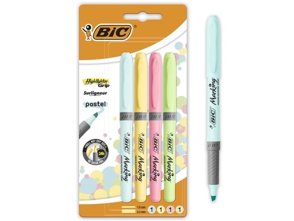 BIC Highlighter Grip Pastel, 4 stykker, Blå, Grønn, Rosa, Gult, 3 år, Meisel tupp, Flerfarget, 1,8 mm