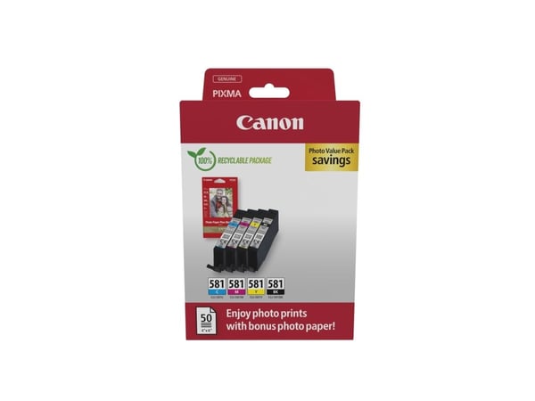 Canon CLI-581 C/M/Y/BK Photo Value Pack - 4-pack - 5.6 ml - svart, gul, cyan, magenta - original - boks - blekkbeholder / papirsett - for PIXMA TS6...