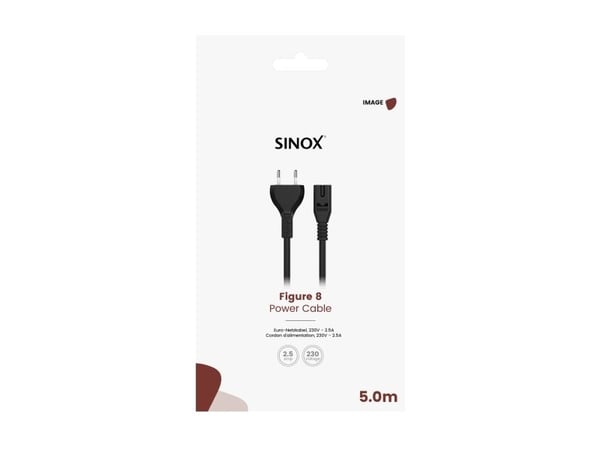 Sinox 8-tals strømkabel. 5m. Sort