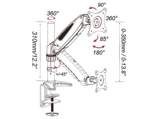 TECHly Tubular Gas - Monteringssats (bordsfäste, montering på skrivbord) - för Bildskärm - glänsande svart - skärmstorlek: 15"-27"