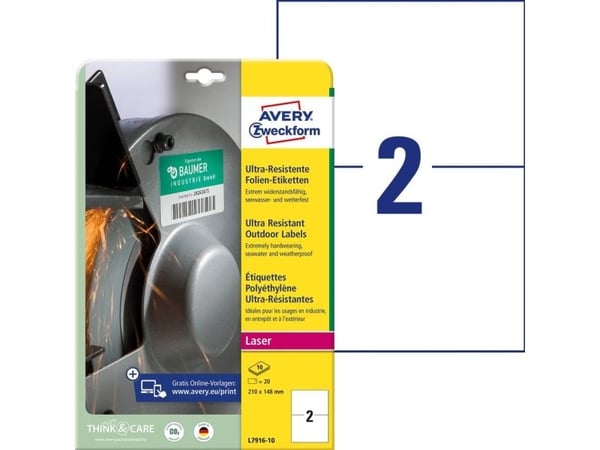 Avery L7916-10 - Polyetylen (PE) - permanent lim - hvit - A5 (148 x 210 mm) 20 etikett(er) (10 rulle(r) x 2) filmetiketter