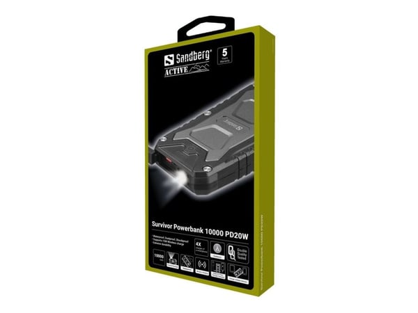 Sandberg Active Survivor - Strømbank - 10000 mAh - 37 Wh - 22.5 watt - 5 A - PD - 2 utgangskontakter (USB, USB-C) - på kabel: USB-C