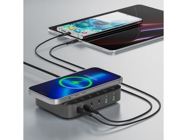 4smarts - Ladestasjon - 7 i 1 - 100 watt - 5 A - PD/PPS, PD 3.0, QC 3.0, HiSilicon Fast Charging, AFC - 6 utgangskontakter (USB-C, USB) - gråsvart