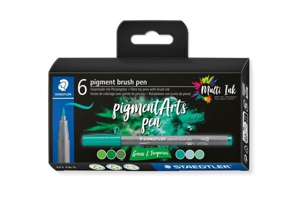 Staedtler Pigment Arts Brush Pen Greens & Turquoises, 6 farger, Grønn, Turkis, Rund, Plast, Polypropylen (PP), Vann-basert blekk, Barn og voksne