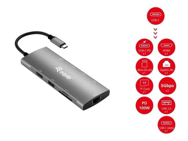 Equip 133490, Koblet med ledninger (ikke trådløs), USB 3.2 Gen 1 (3.1 Gen 1) Type-C, 100 W, 10,100,1000 Mbit/s, Grå, MicroSD (TransFlash), SD, SDHC...