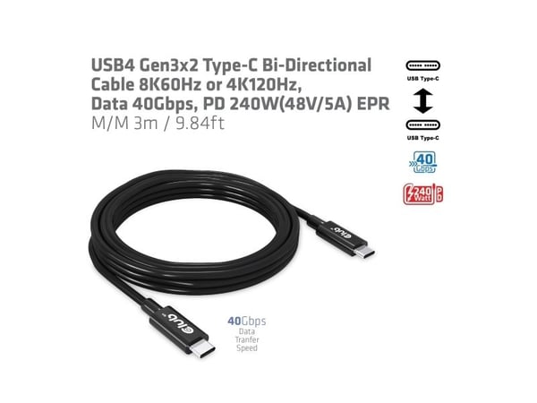 Club-3D Kabel Bi-Direktional      3m USB-C->USB-C 40Gps 48V 5A