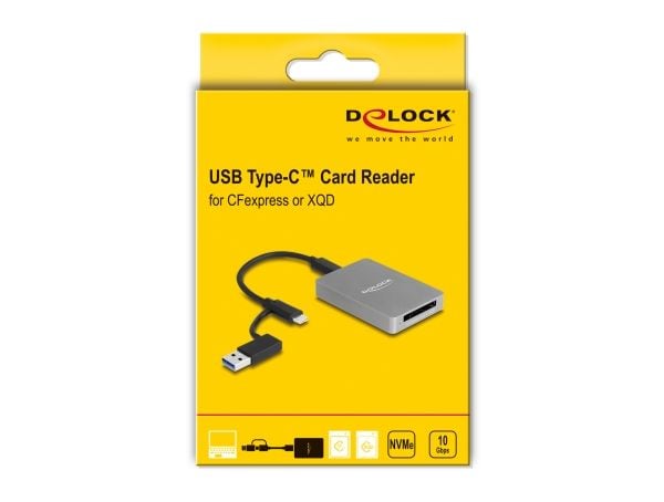 Delock USB Type-C-kortinlukija alumiinikotelossa CFexpress- tai XQD-muistikortteja varten