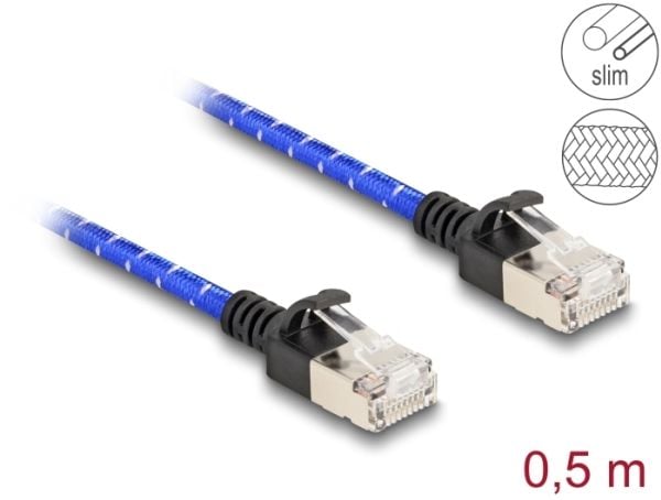 Delock - Nettverkskabel - RJ-45 (hann) til RJ-45 (hann) - 50 cm - 4.1 mm - U/FTP - CAT 6a - uten hindringer, slank, flettet belegg - blå