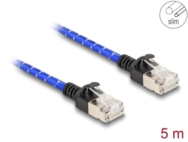 Delock - Nettverkskabel - RJ-45 (hann) til RJ-45 (hann) - 5 m - 4.1 mm - U/FTP - CAT 6a - uten hindringer, slank, flettet belegg - blå