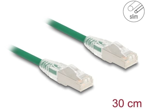 Delock - Nettverkskabel - RJ-45 (hann) til RJ-45 (hann) - 30 cm - 4.9 mm - U/FTP - CAT 6a - halogenfri, slank, curved latch - grønn