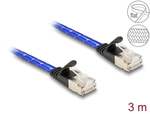 Delock - Nettverkskabel - RJ-45 (hann) til RJ-45 (hann) - 3 m - U/FTP - CAT 6a - uten hindringer, flat, flettet belegg - blå