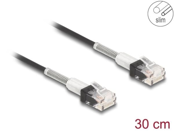 Delock - Koblingskabel - RJ-45 (hann) til RJ-45 (hann) - 30 cm - 3 mm - UTP - CAT 6a - halogenfri, formstøpt, slank - svart