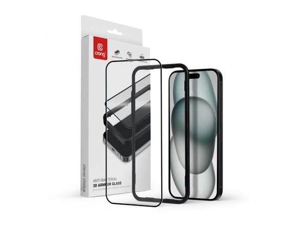Crong Anti-bakteerinen 3D Armour Glass - 9H koko näytön karkaistu lasi iPhone 15 + asennuskehys
