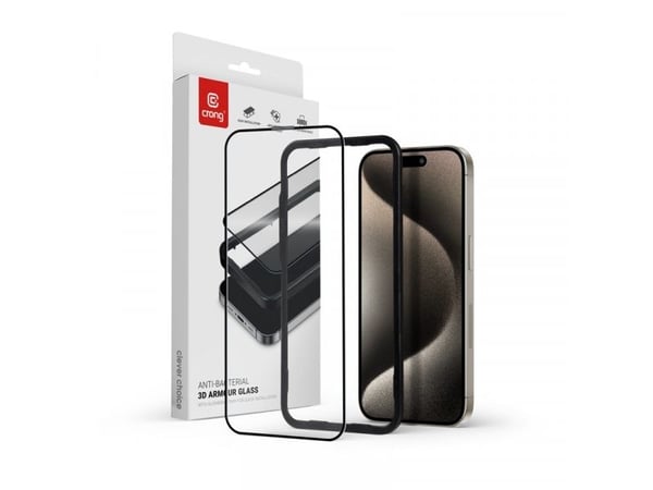 Crong Anti-Bacterial 3D Armor Glass - 9H herdet glass for hele iPhone 15 Pro Max-skjermen + installasjonsramme