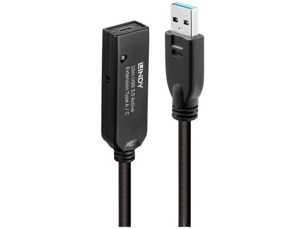 Lindy 43376, 10 m, USB A, USB C, USB 3.2 Gen 1 (3.1 Gen 1), 5 Gbit/s, Svart