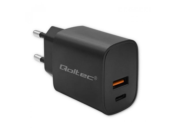 Qoltec Power Pro - Strømadapter - GaN, 5-20V, 1.5-3A - 30 watt - 3 A - Fast Charge - 2 utgangskontakter (USB-C, USB) - svart