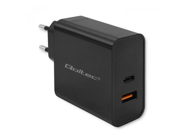 Qoltec Super Quick PD -laturi | 1xUSB-C | 1xUSB | 90W | 5-20V | 2.4-4.35A | Musta | Musta