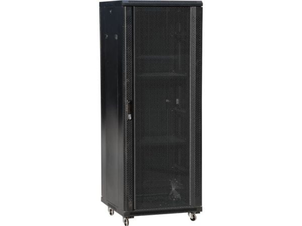 Q-Lantec skap Serverskap 27U 800x1000, frontdør i glass, bakdør i perforert stål, lås, 4 bærebjelker, 4 justerbare føtter, for selvmontering, sort ...