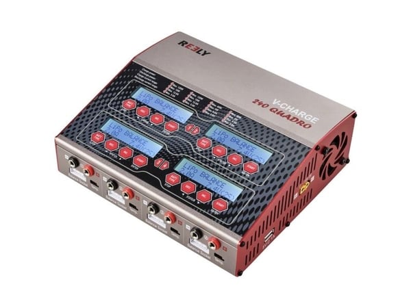 Reely V-Charge 240 Quadro multifunksjonslader 12 V/230 V 12 A LiPo/LiIon/LiFePO/LiHV/NiCd/NiMH/Blei (4 ladeutganger) (RE-8264343)