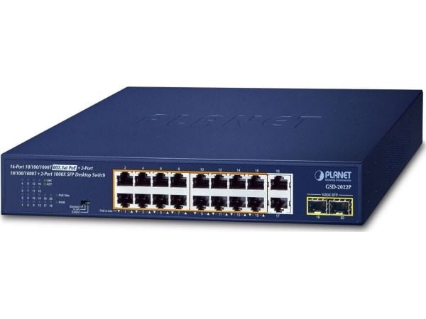 PLANET GSD-2022P - Switch - ikke-styrt - 16 x 10/100/1000 (PoE+) + 2 x 10/100/1000 + 2 x 1000Base-X SFP - stasjonær - PoE+ (185 W)