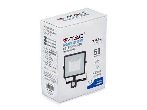 V-TAC 30W LED-projektør 3000K (varmhvit), bevegelsessensor, svart hus, SAMSUNG LED-chip