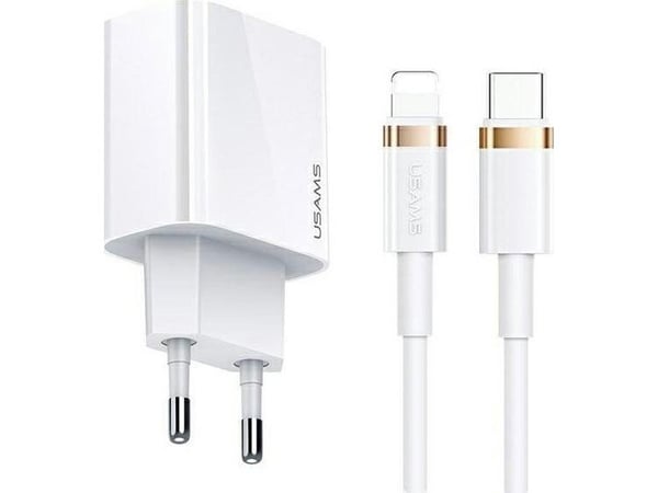 USAMS wall charger 1xUSB-C T34 20W 5V-3A PD3.0 + U63 cable USB-C to Lightning 20W white (T49)
