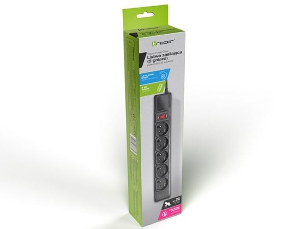 Tracer PowerGear, 5 AC-pistorasia(a), Tyyppi F, 2300 W, musta, 1,5 m