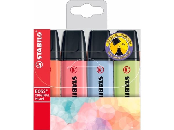 STABILO Boss Original Pastel, 4 stykker, Flerfarget, Meisel tupp, Flerfarget, Plast, Rektangel