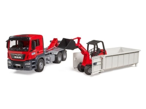 Bruder MAN TGS Truck with roll off container & Schäffer yard loader toy