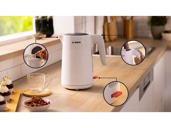 Bosch TWK2M161, 1,7 L, 2400 W, Valkoinen, Muovi, Veden tason ilmaisin, Ylikuumenemissuoja