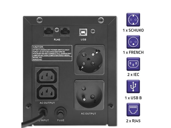 Qoltec UPS nødstrømforsyning | monolitt | 1500VA | 900W | LCD | USB