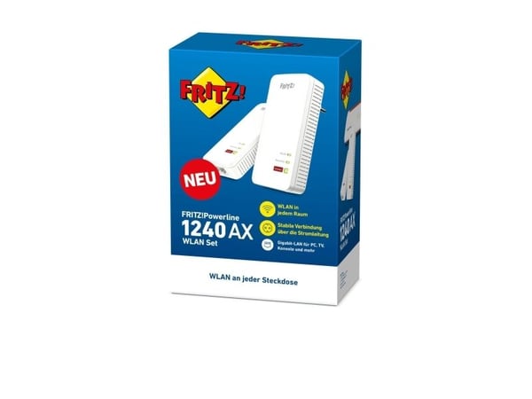 FRITZ!Powerline 1240 AX - Wi-Fi Set - strømlinjeadaptersett 2-port svitsj - 1GbE, HomePlug AV (HPAV) - Wi-Fi 6 - 2,4 GHz - veggpluggbar