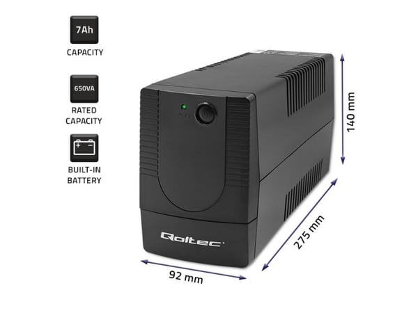 Qoltec Monolith - UPS - oförändrad, linjeinteraktiv - AC 140-300 V - 360 watt - 650 VA - 7 Ah - utgångskontakter: 2 - svart