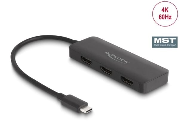 Delock - Video/lyd-splitter - 4K 60Hz, DP Alt Mode, MST, USB Type-C - 3 x HDMI - stasjonær